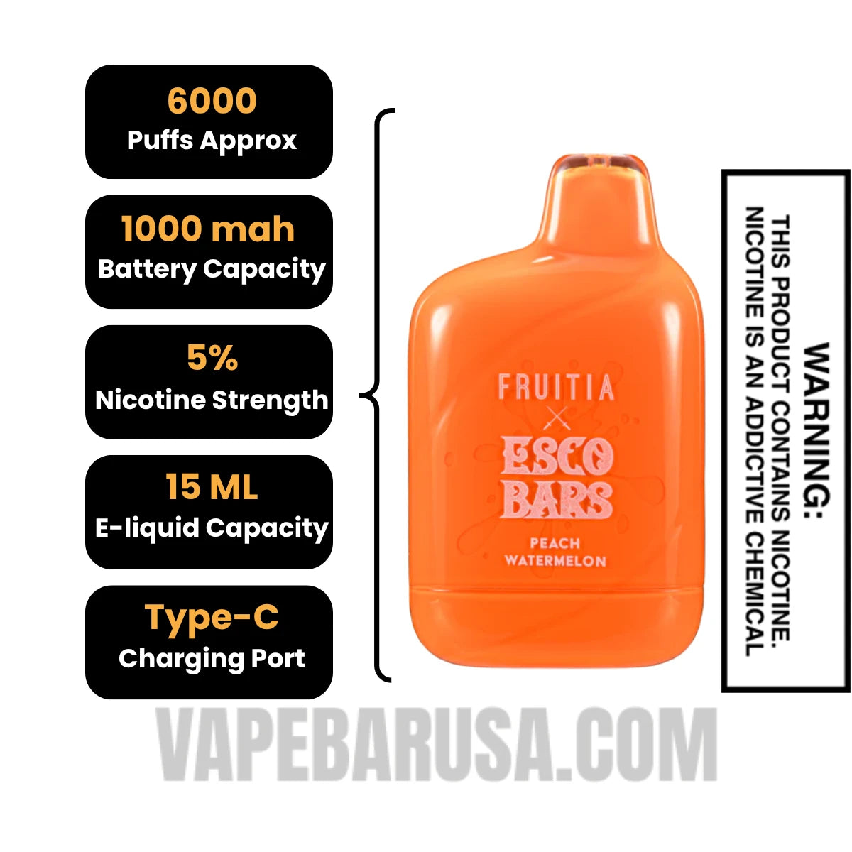 Peach Watermelon Esco Bars 6000 Puffs Disposable Vape Specifications