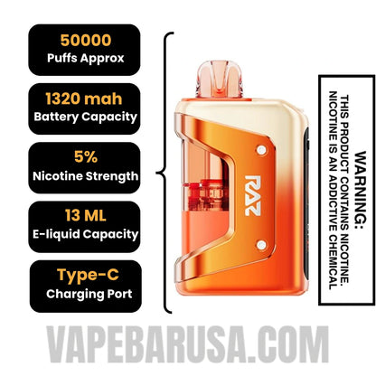 Peach Yummy RAZ VUE 50K Disposable Vape Kit Specifications