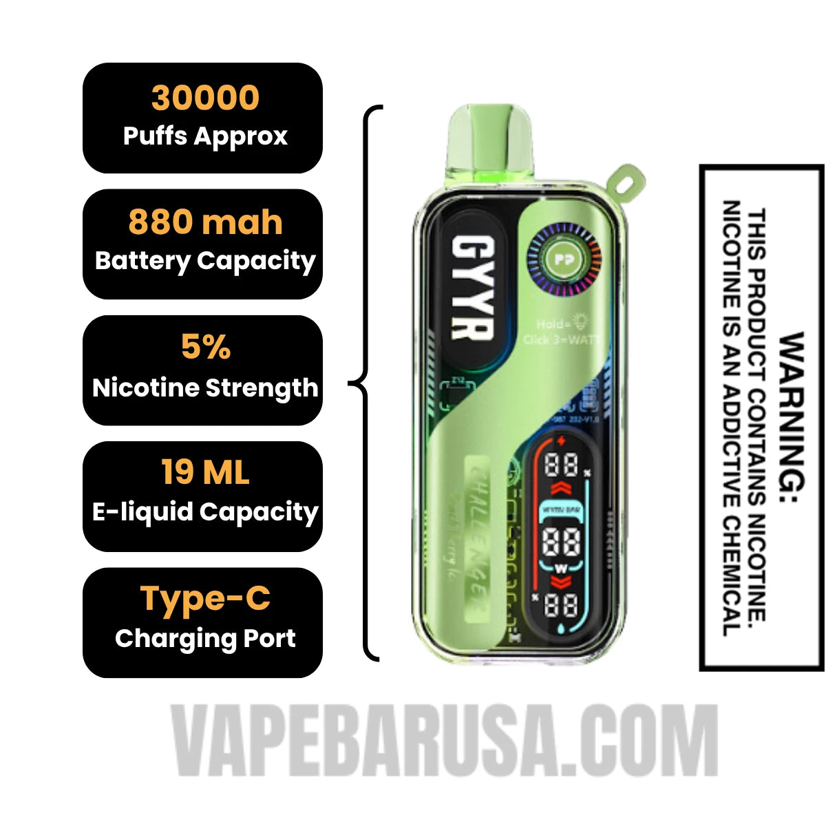 Peach Berry Ice GYYR X Wynn Bar Challenger 30K Vape Specifications 