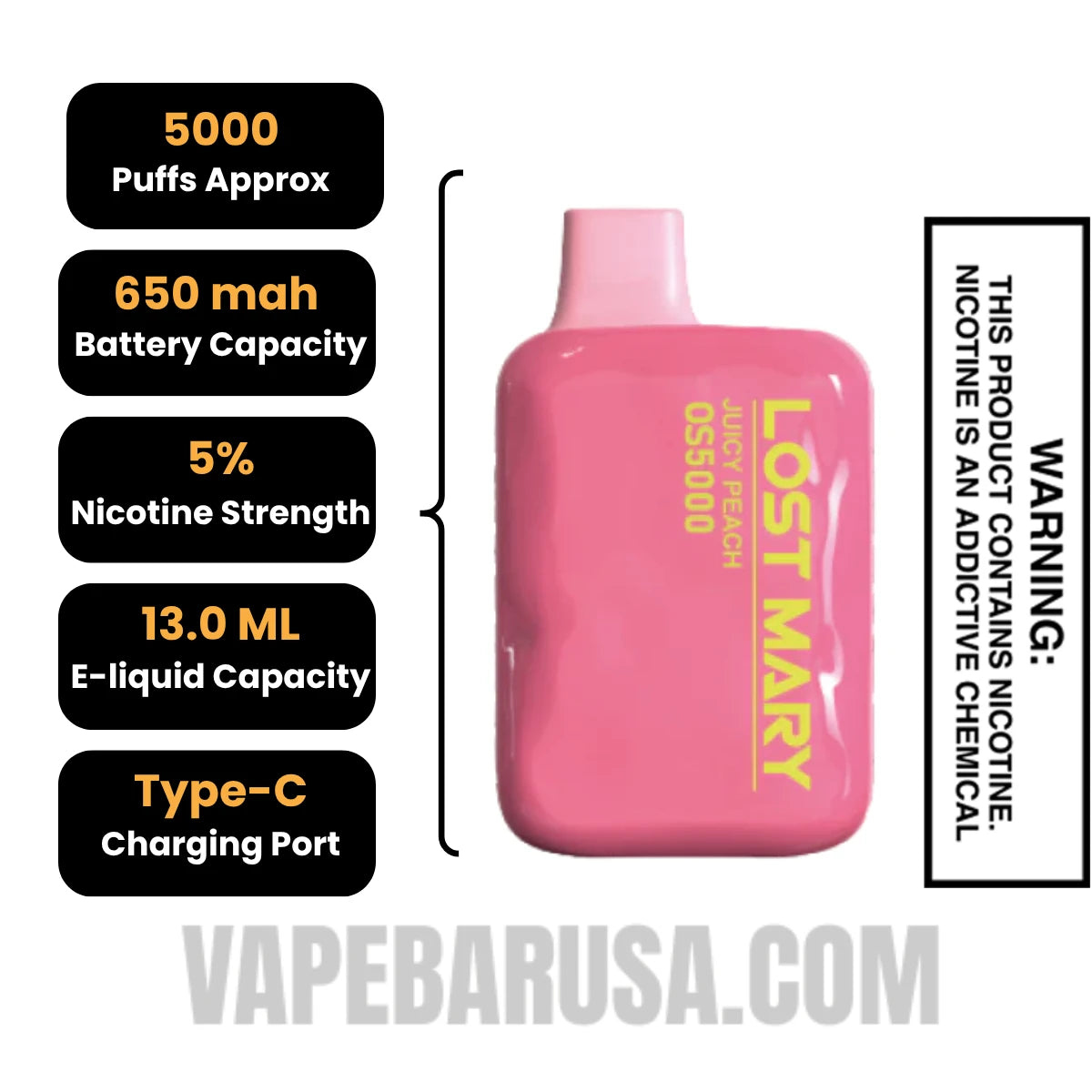 Peach Ice Lost Mary OS5000 Disposable Vape Specifications