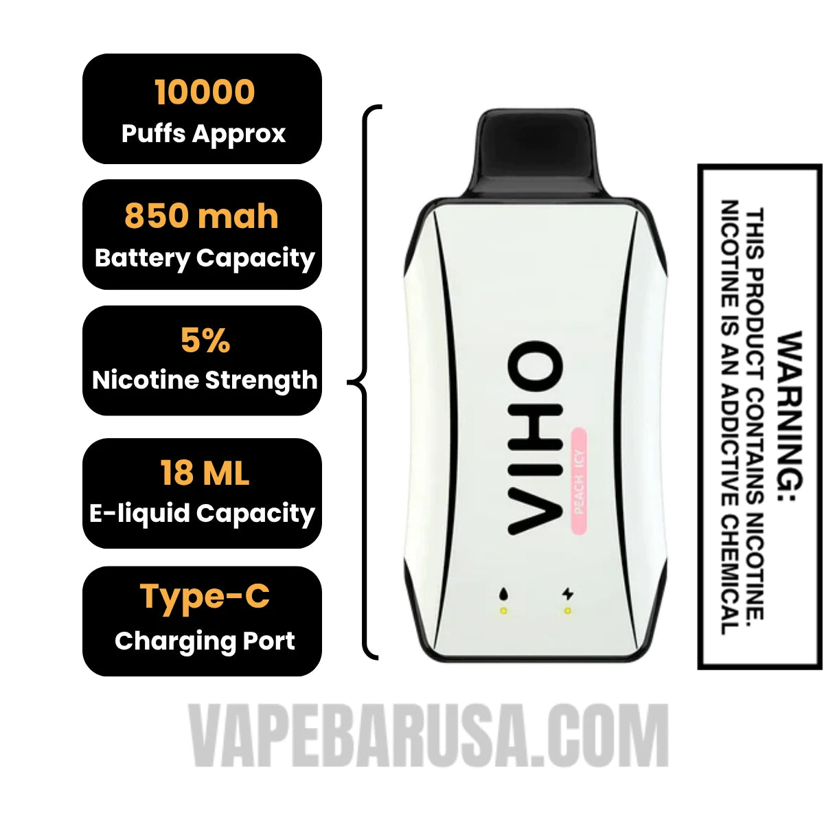 Peach Icy VIHO Turbo Vape 10000 Puffs Specifications