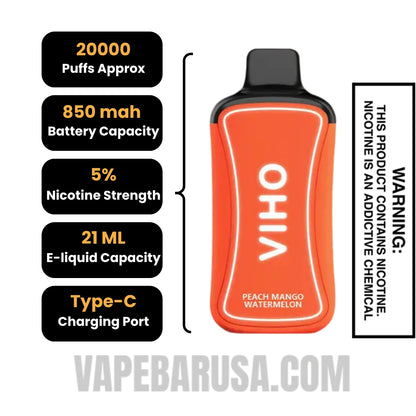 Peach Mango Watermelon VIHO Supercharge 20000 Puffs Vape Specifications