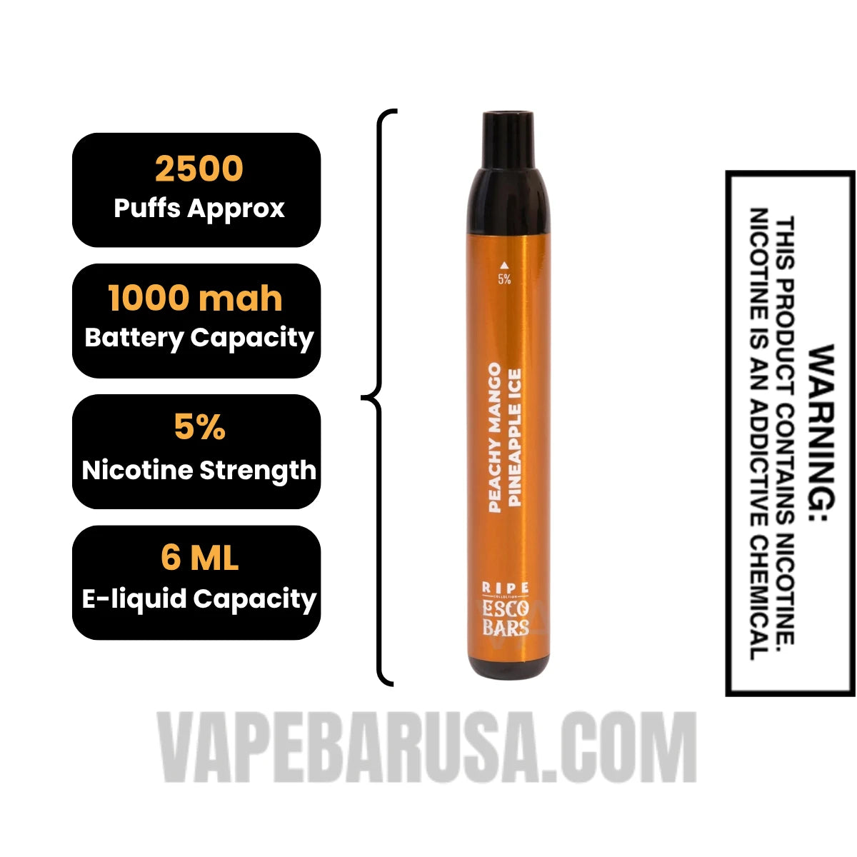 Peachy Mango Pineapple Ice Esco Bars 2500 Puffs Disposable Vape Specifications