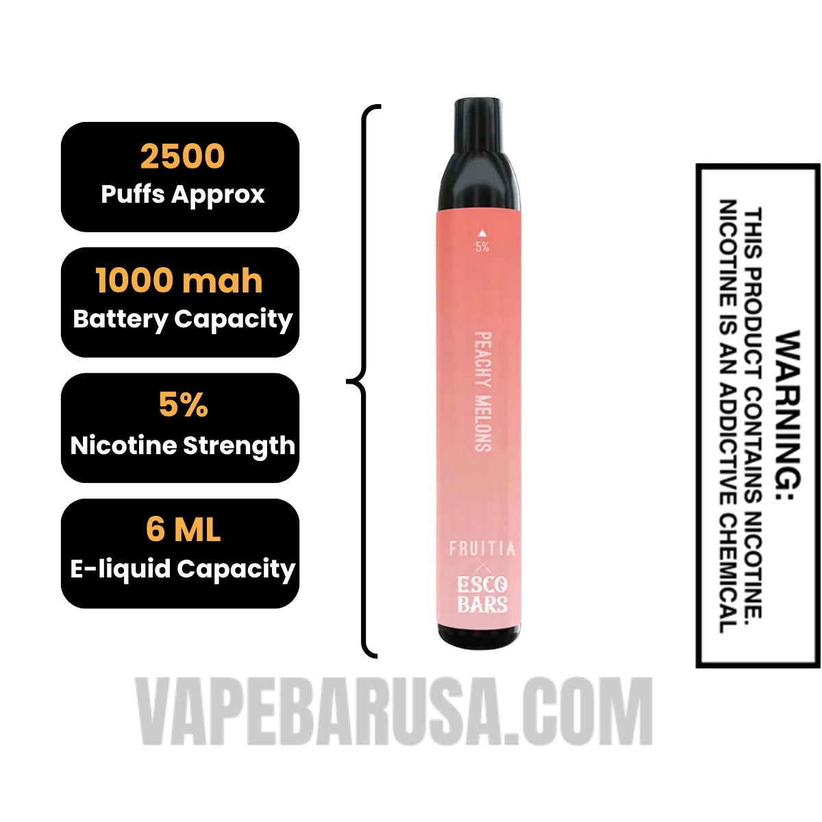 Peachy Melons Esco Bar 2500 Puffs Disposable Vape Specifications