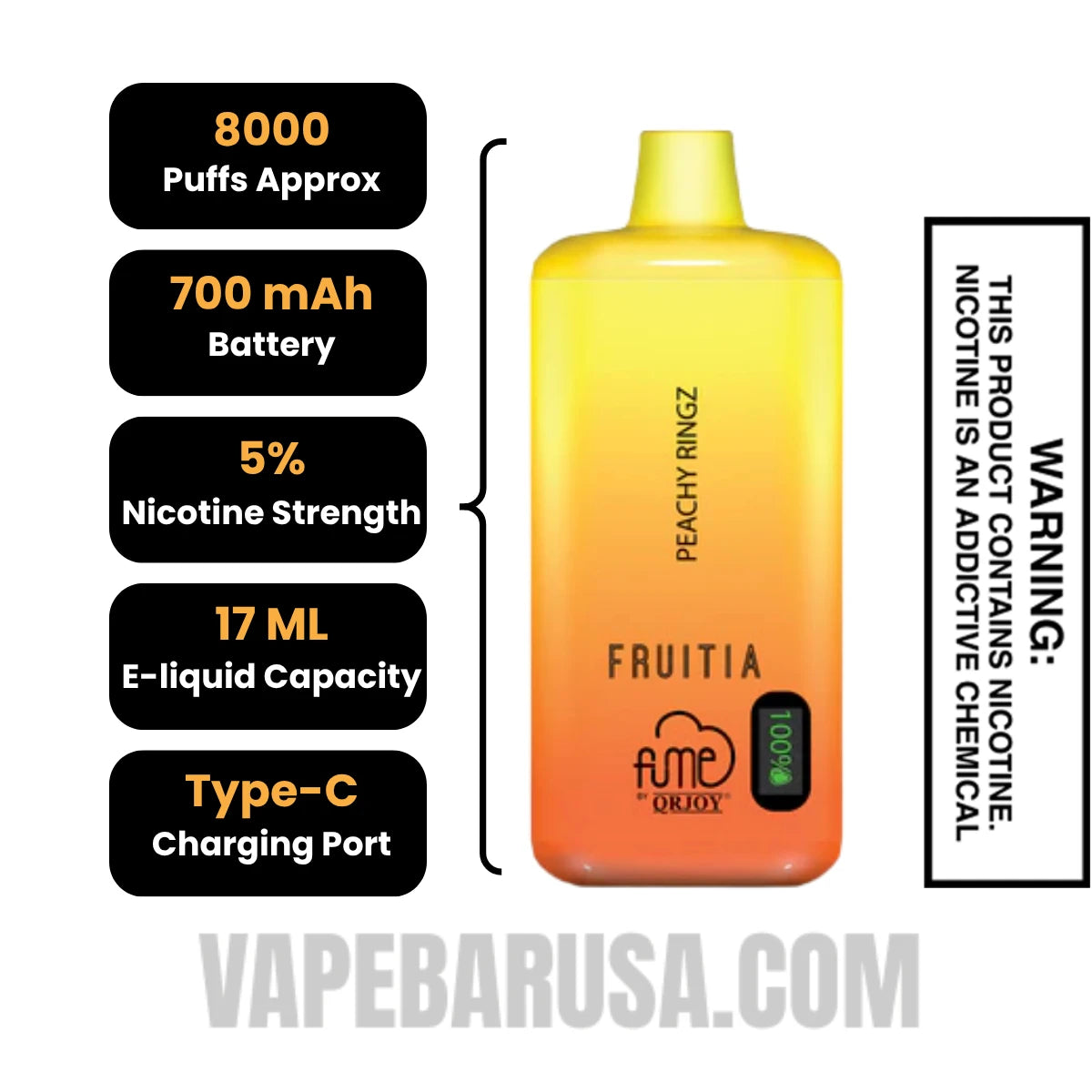 Peachy Ring Fruitia X Fume Disposable Vape 8000 Puffs Specifications 