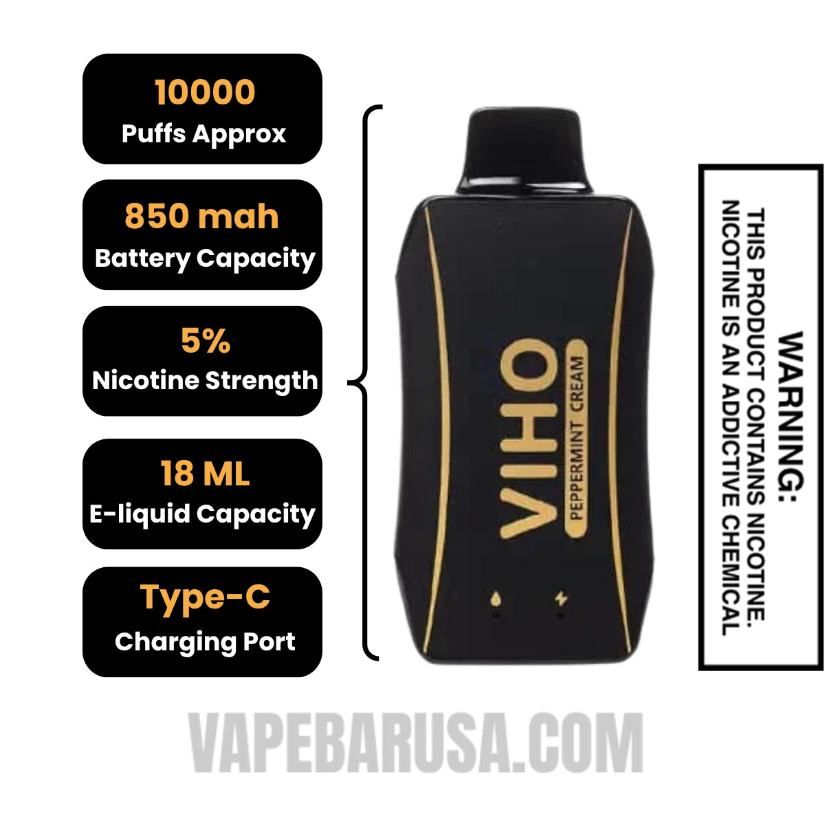 Peppermint Cream VIHO Turbo Vape 10000 Puffs Specifications