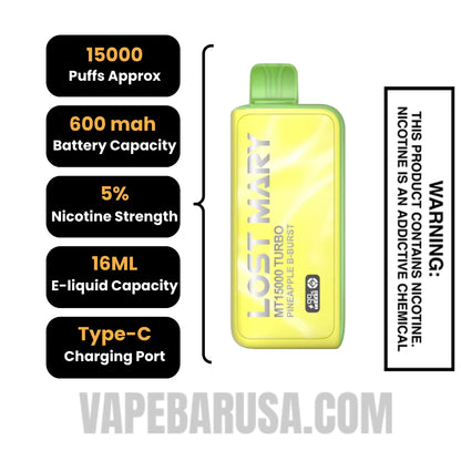 Pineapple B-Burst Lost Mary MT15000 Turbo Disposable Vape Specifications