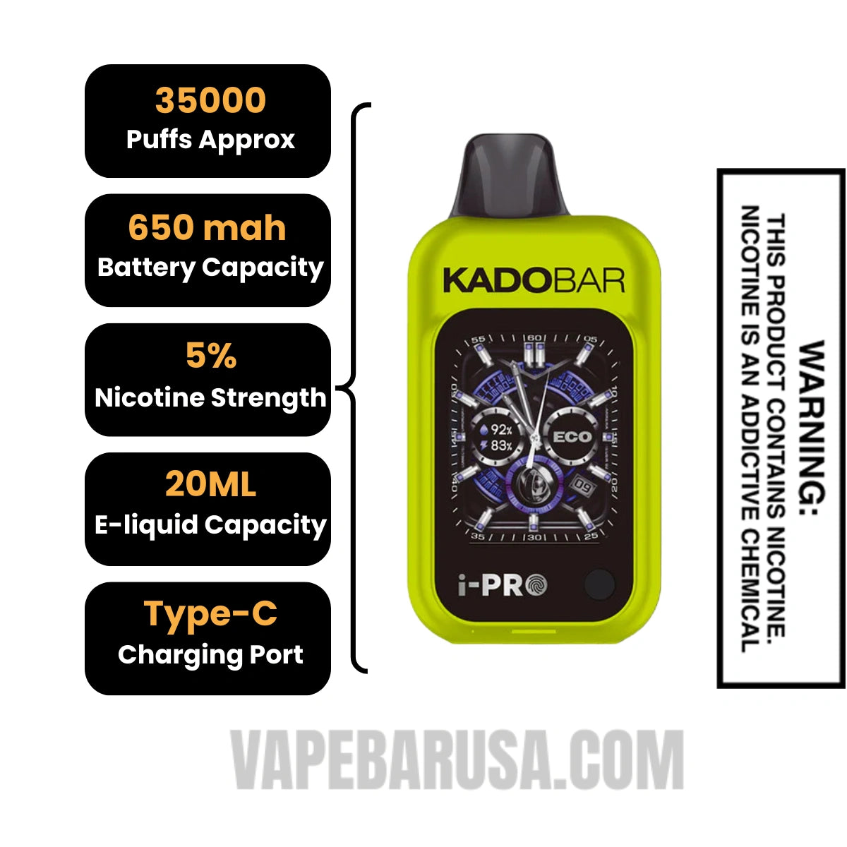 Pineapple Ice Kado Bar i-Pro 35K Disposable Vape Specifications 