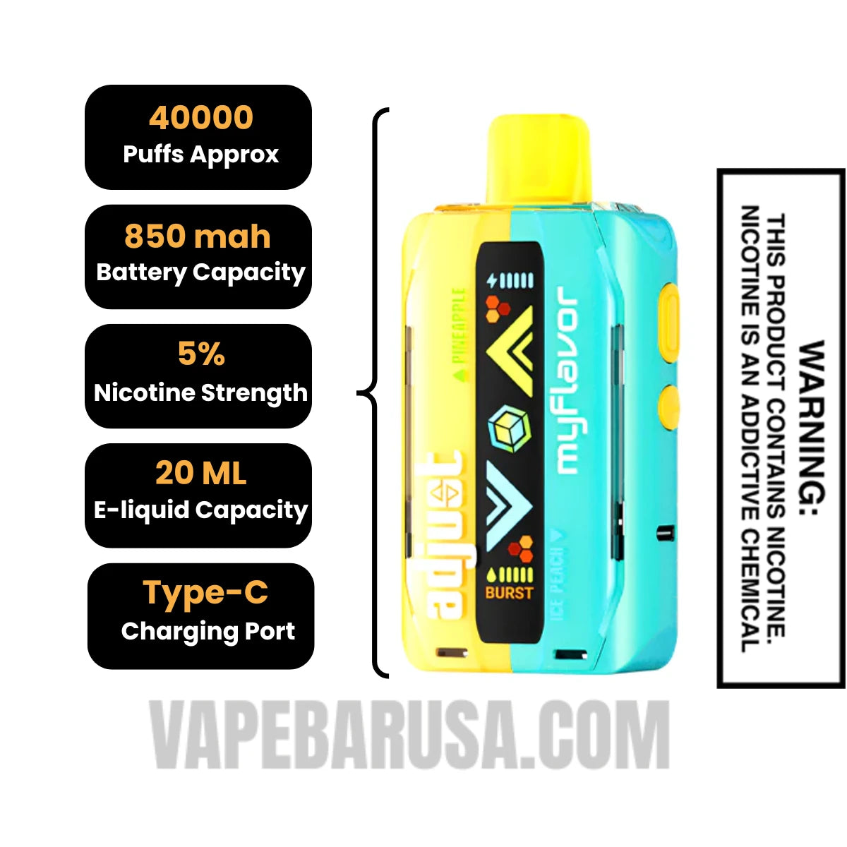 Pineapple Ice Peach Adjust MyFlavor 40K Disposable Vape Specifications