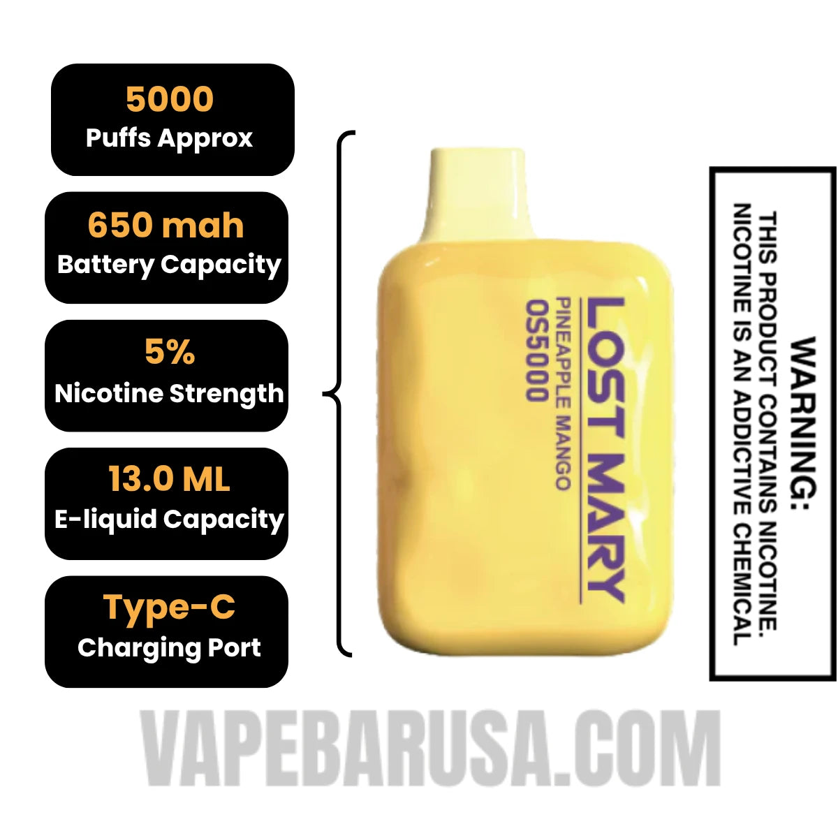 Pineapple Mango Lost Mary OS5000 Vape Specifications