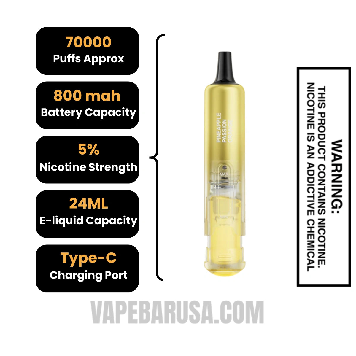 Pineapple Passion Orange Lost Mary Nera Fullview 70K Disposable Pod Specifications