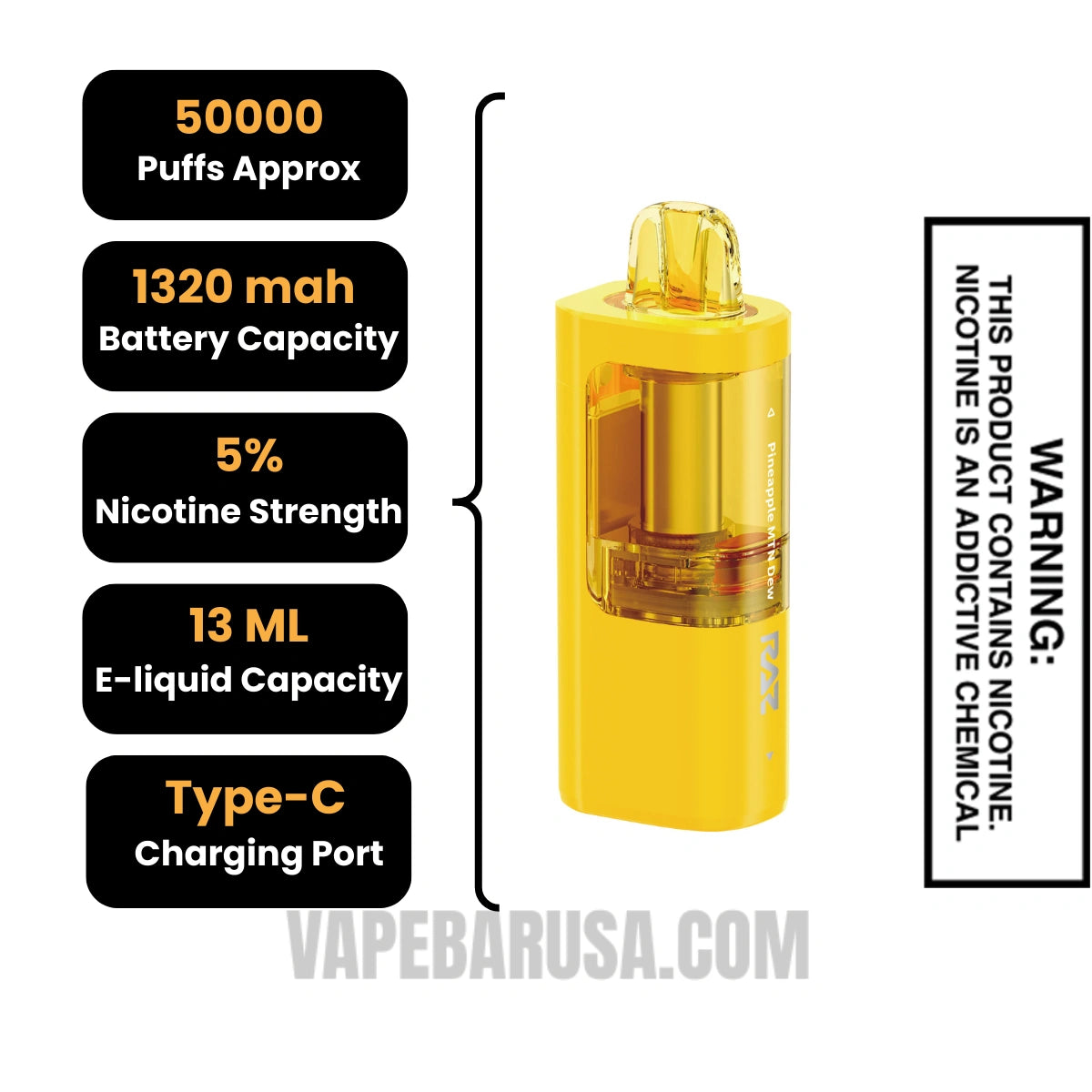 Pineapple MTN Dew RAZ VUE 50K Disposable Pod Specifications