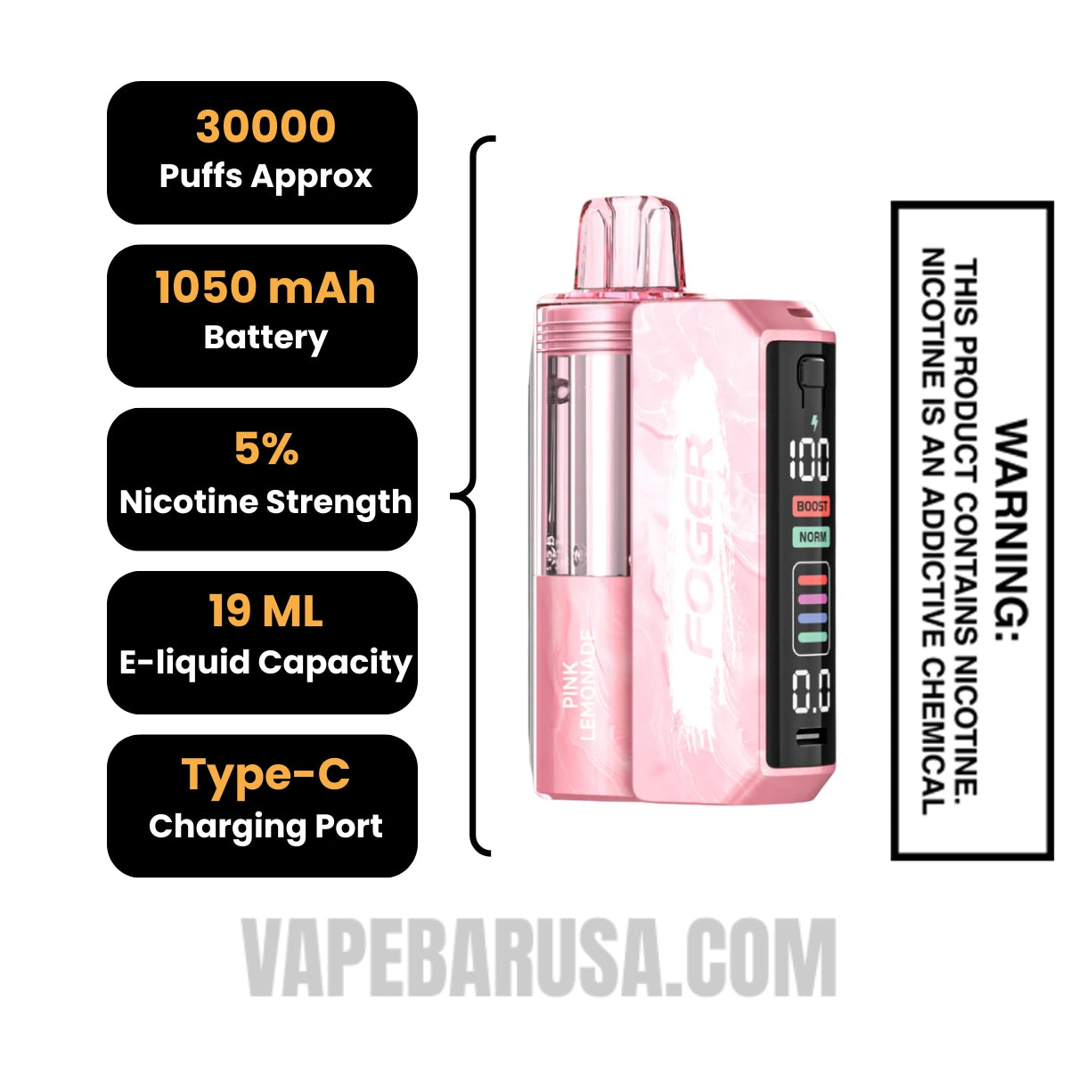 Pink Lemonade Foger Switch Pro 30K Disposable Vape Kit Specifications