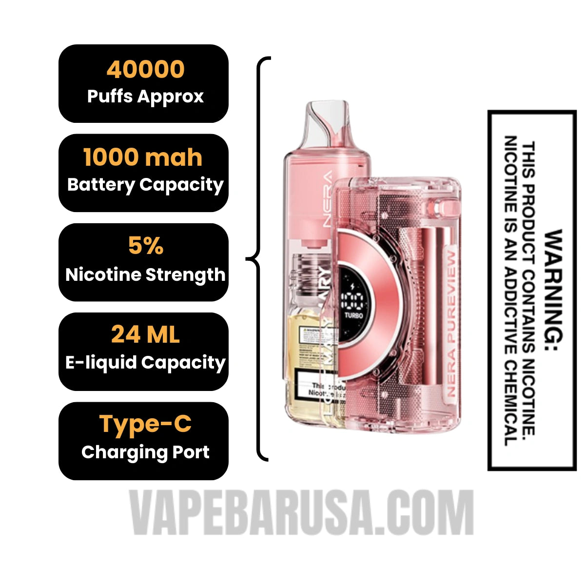 Pink Lemonade Lost Mary Nera Pureview 40K Vape Kit Specifications