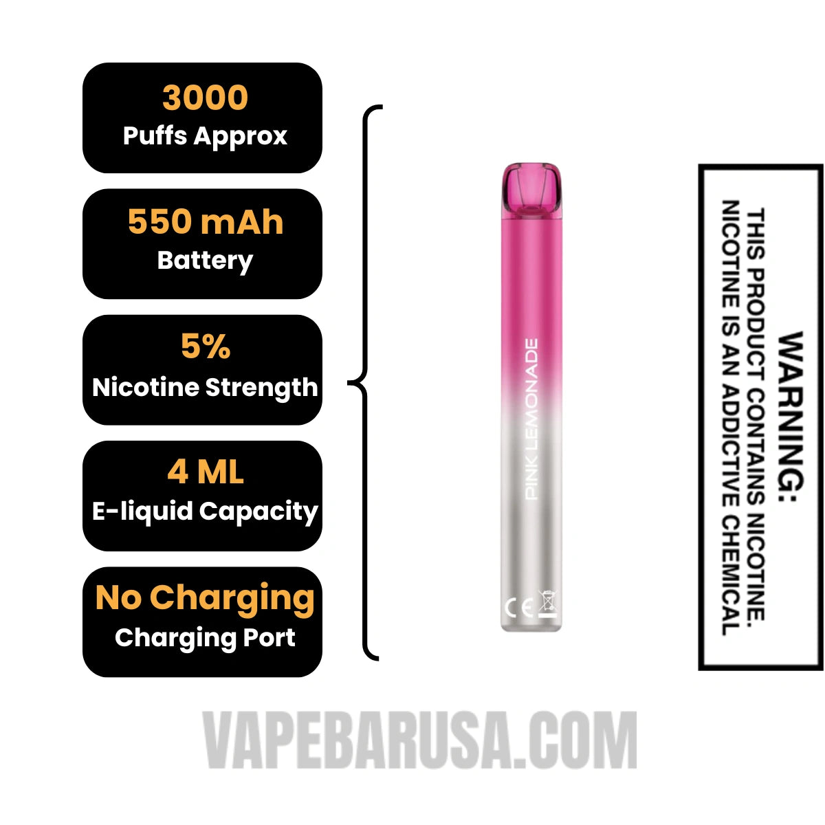 Pink Lemonade Voom Mesh 3000 Puffs Disposable Vape Specifications