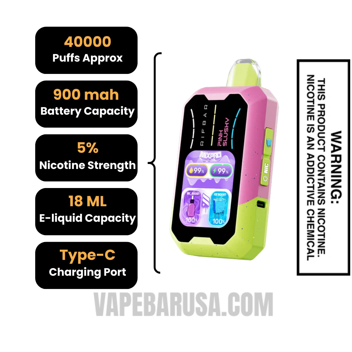 Pink Slushy Rifbar MixPro Ice 40K Disposable Vape Specifications