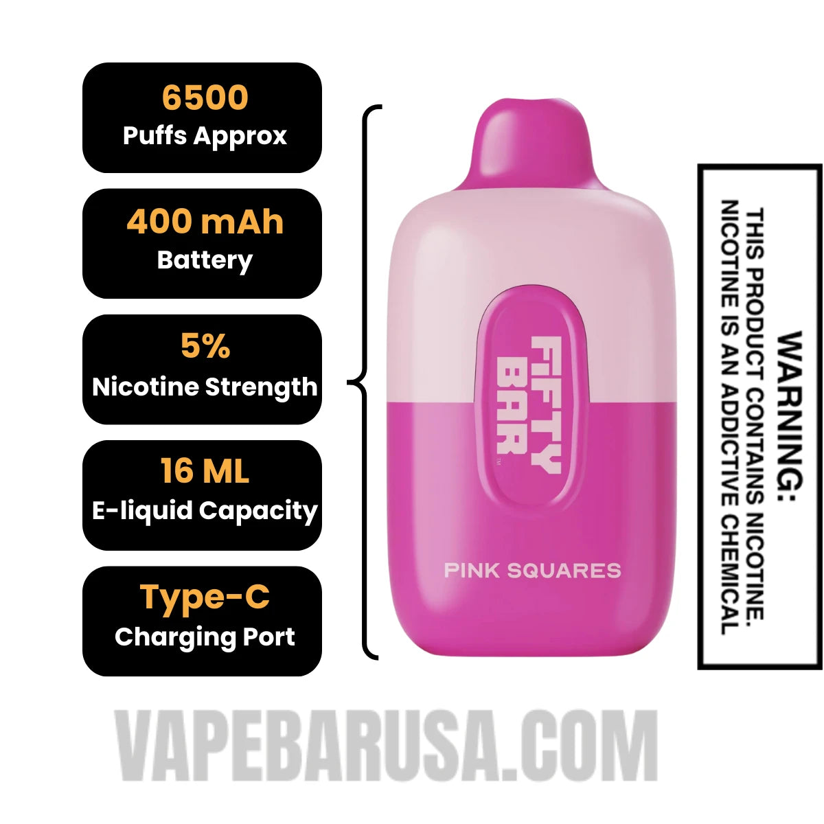Pink Squares Fifty Bar Disposable Vape 6500 Puffs Specifications