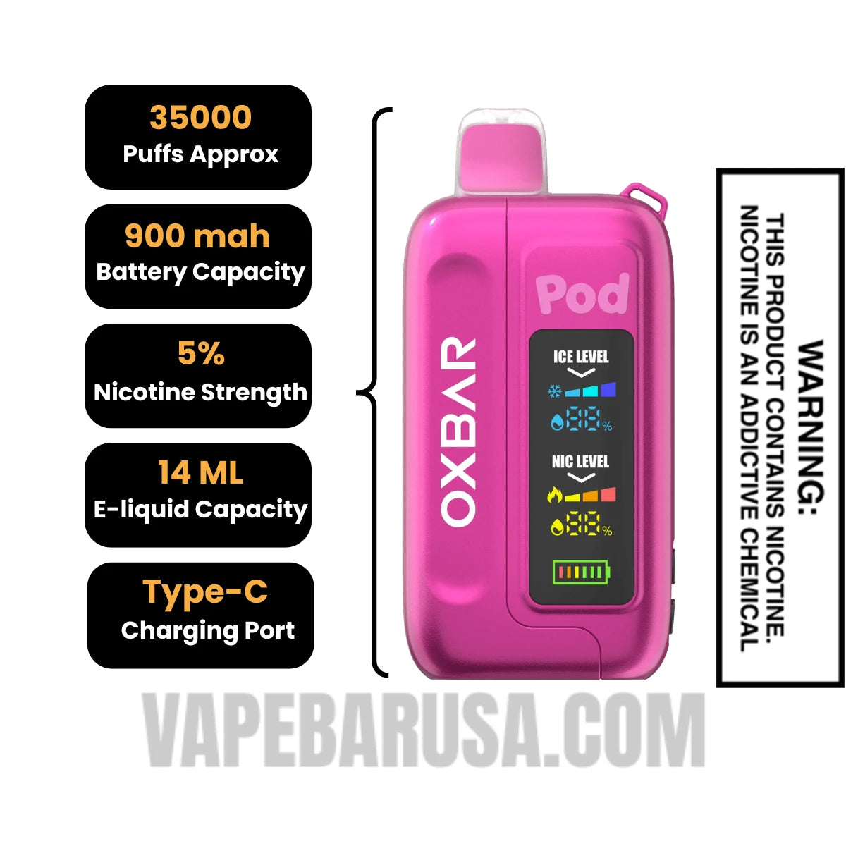 Pink Strawberry Burst OXBAR Ice-Nic Control Disposable Vape Specifications