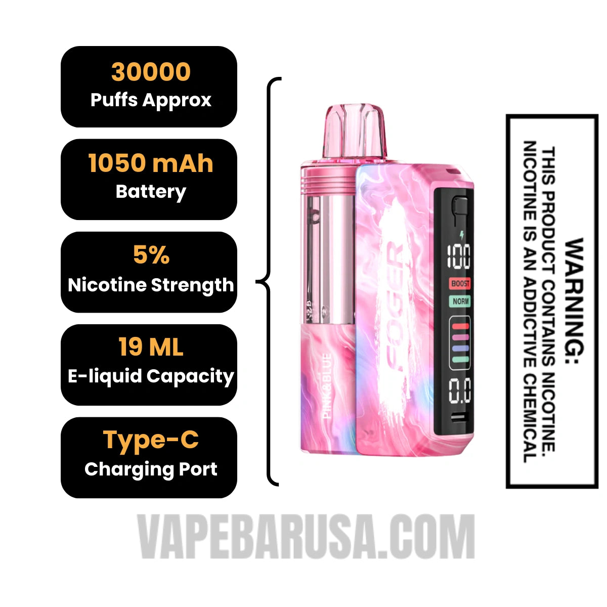 Pink & Blue Foger Switch Pro 30K Disposable Vape Kit Specifications