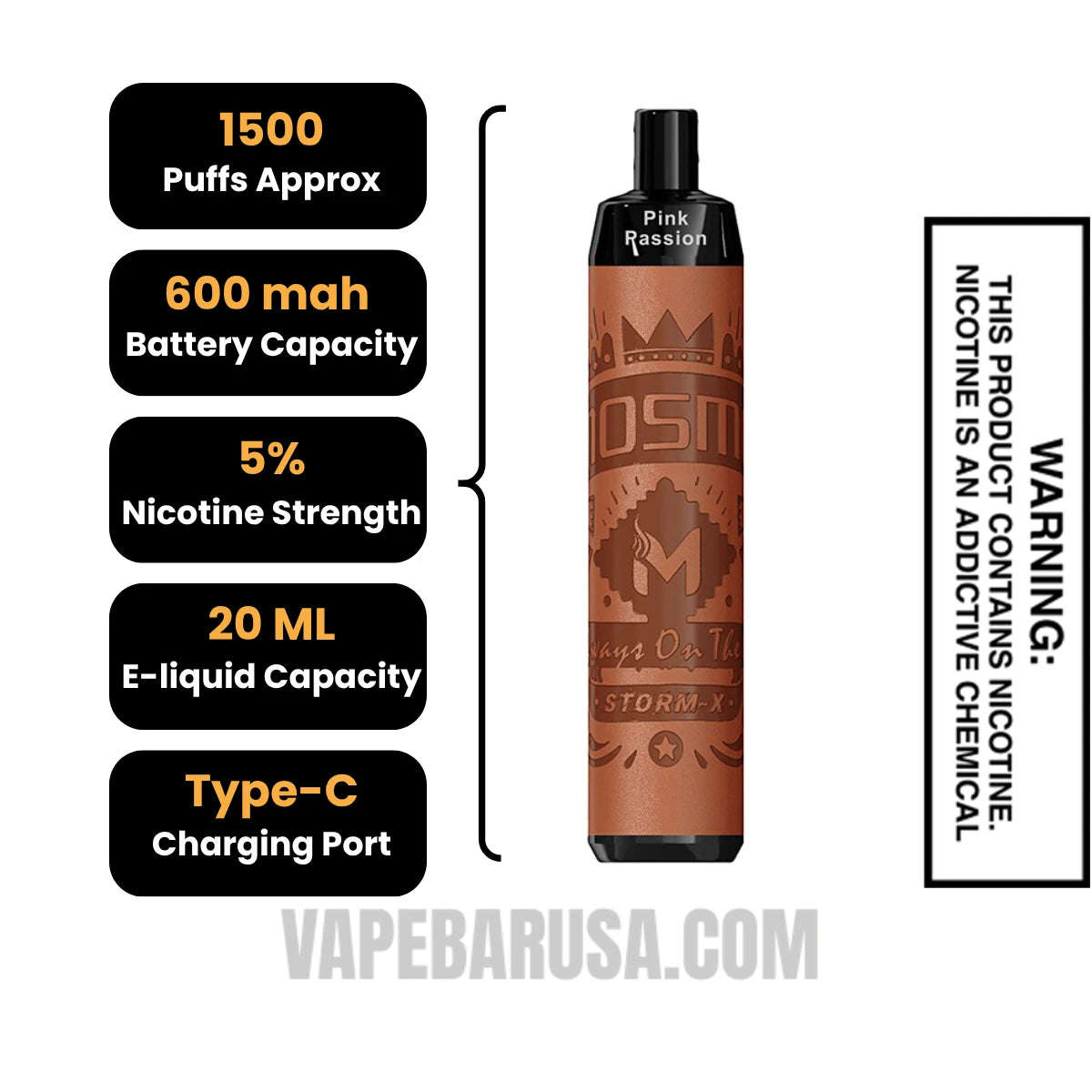 Pink Passion MOSMO STORM X Mini 1500 Puffs Disposable Vape Specifications 