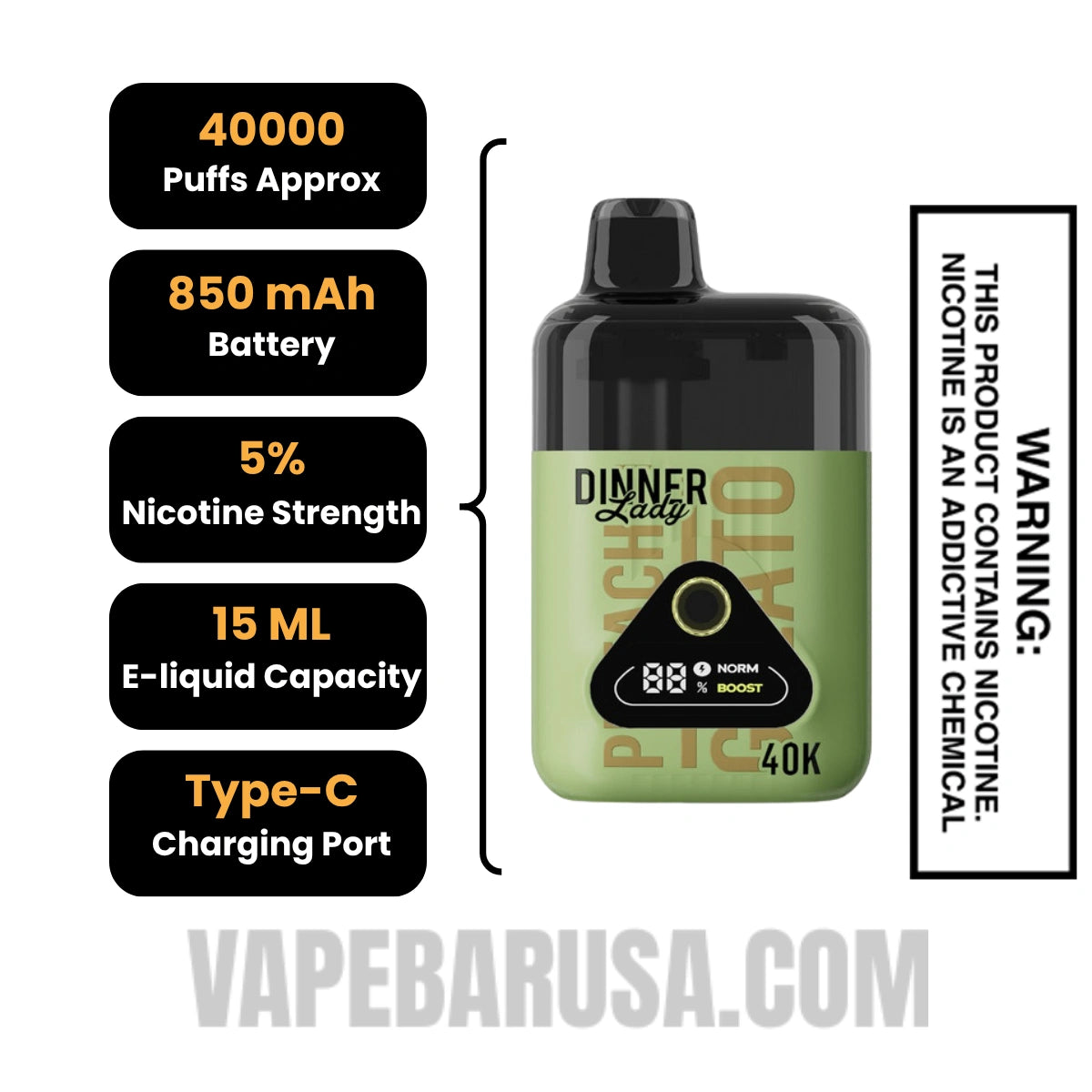 Pistachio Gelato Dinner Lady 40K Disposable Vape Specification