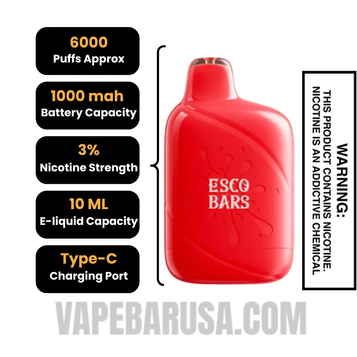 Pixie Dust Esco Bar Mesh Vape 6000 Puffs 3% Nic Specifications