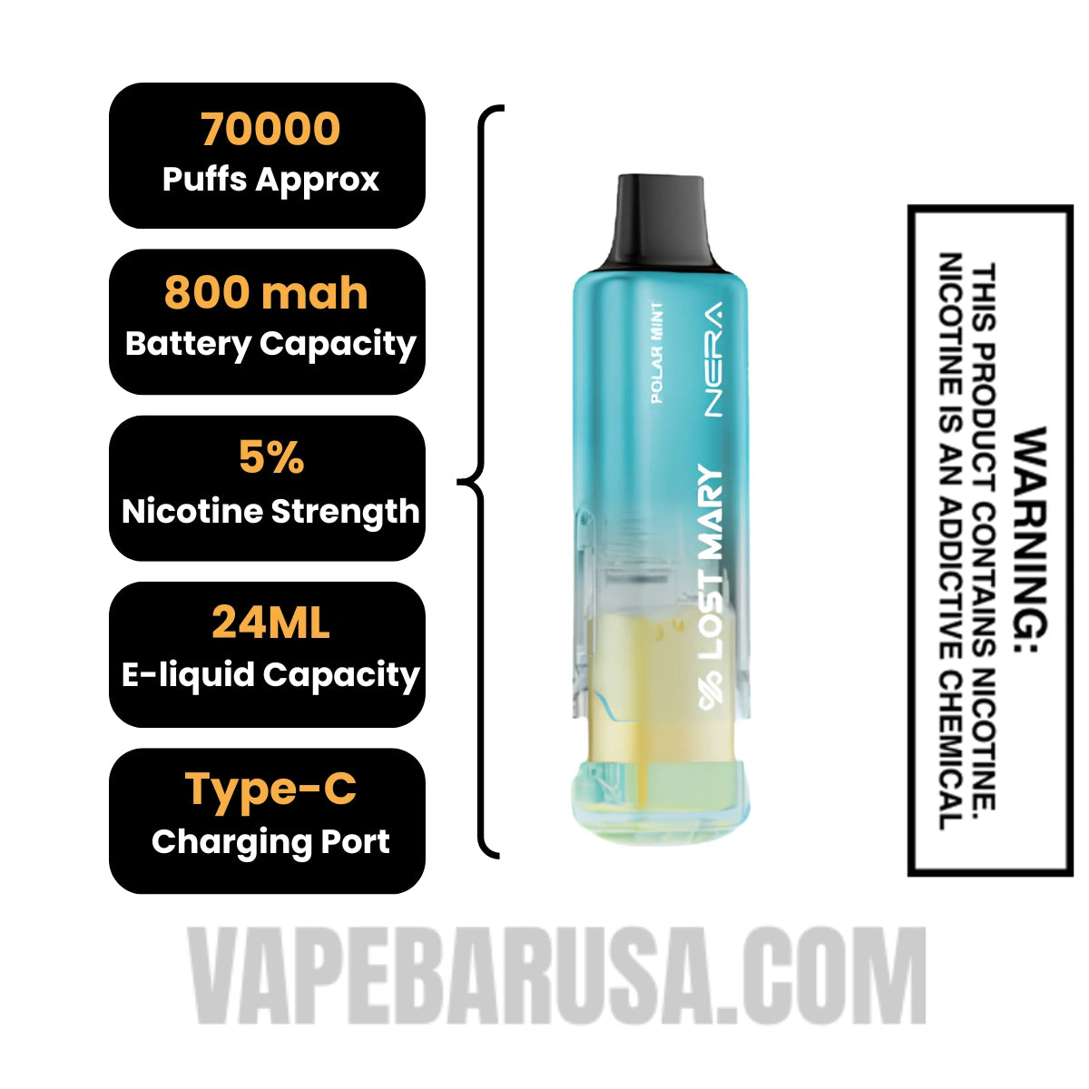 Polar Mint Lost Mary Nera Fullview 70K Disposable Vape Pod Specifications