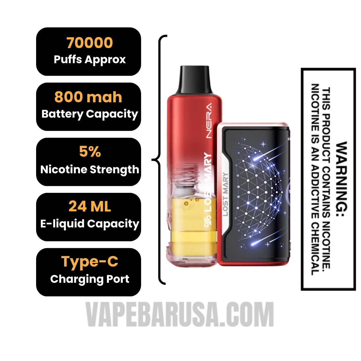 Pomegranate Blast Lost Mary Nera Fullview 70K Disposable Kit Specifications