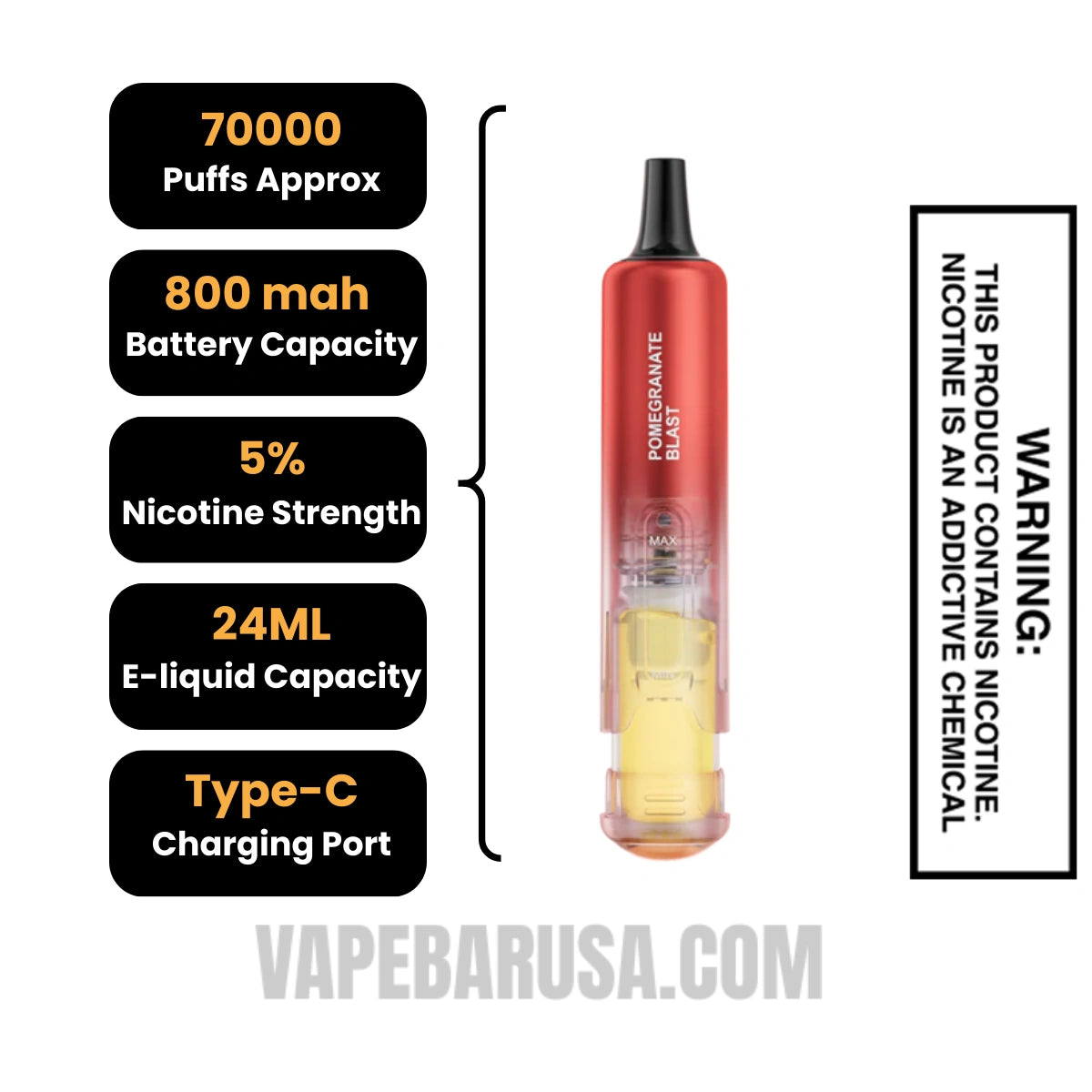 Pomegranate Blast Lost Mary Nera Fullview 70K Disposable Pod Specifications