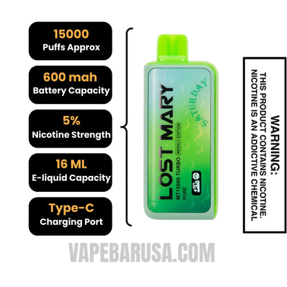 Pure Lost Mary MT15000 Turbo Vape (Saturday) Specifications