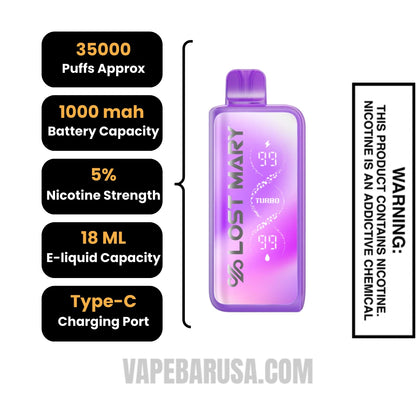 Purple Pixy Lost Mary MT35000 Disposable Vape Specifications
