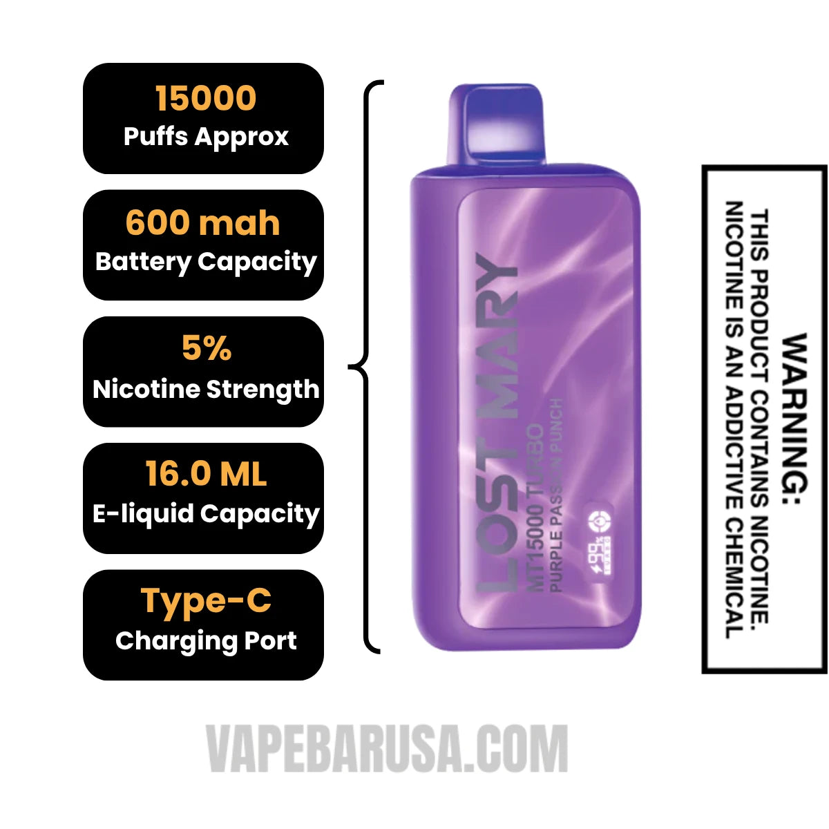 Purple Passion Punch Lost Mary MT15000 Turbo Vape Specifications