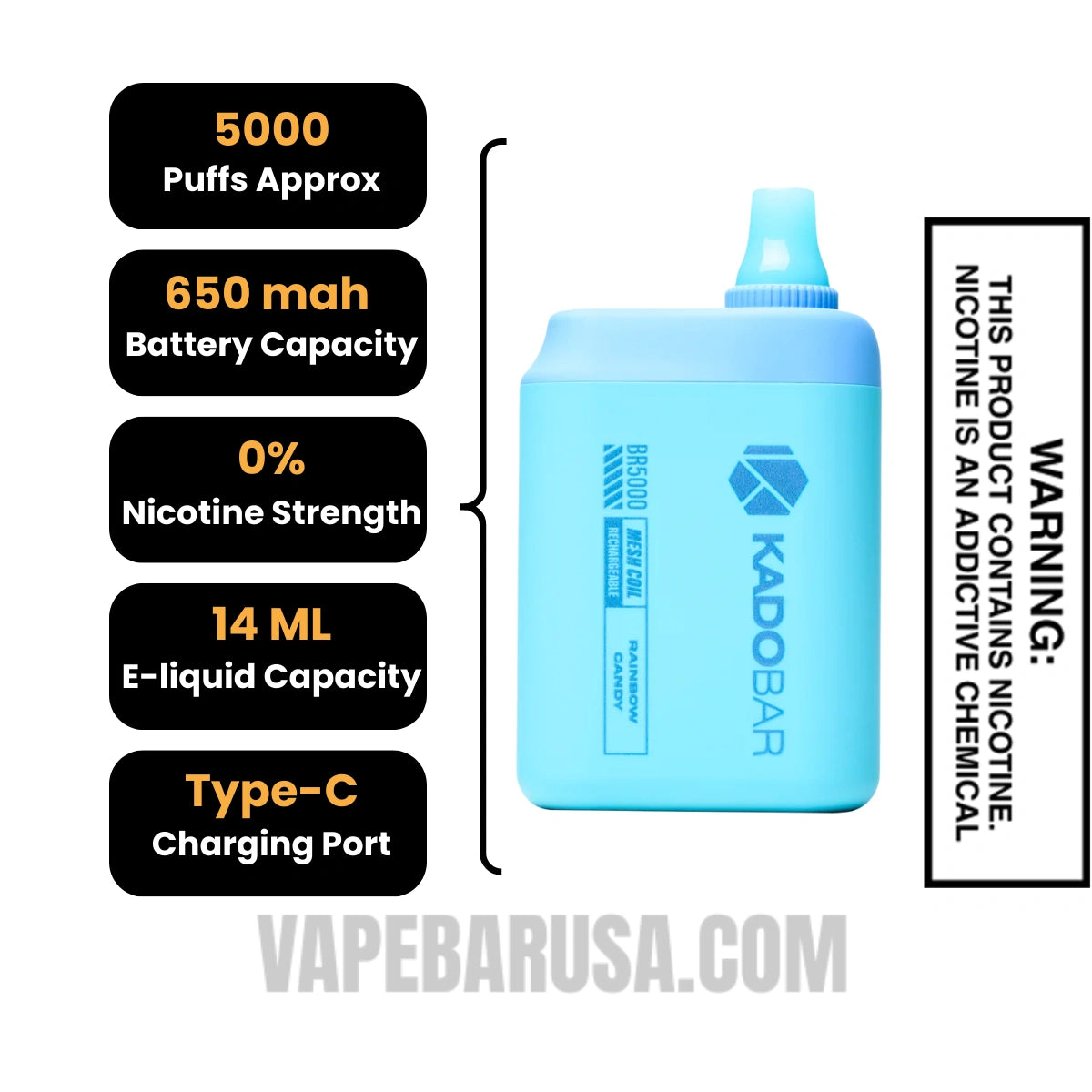Rainbow Candy Kado Bar BR5000 Zero Nicotine Disposable Vape specifications