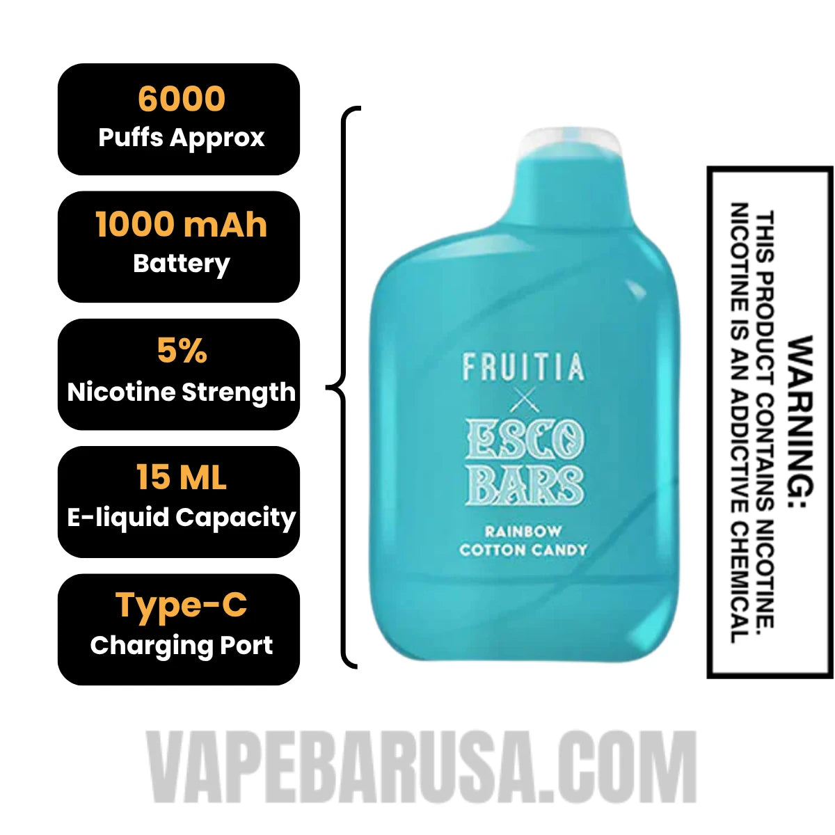 Rainbow Cotton Candy Esco Bars 6000 Puffs Disposable Vape Specifications