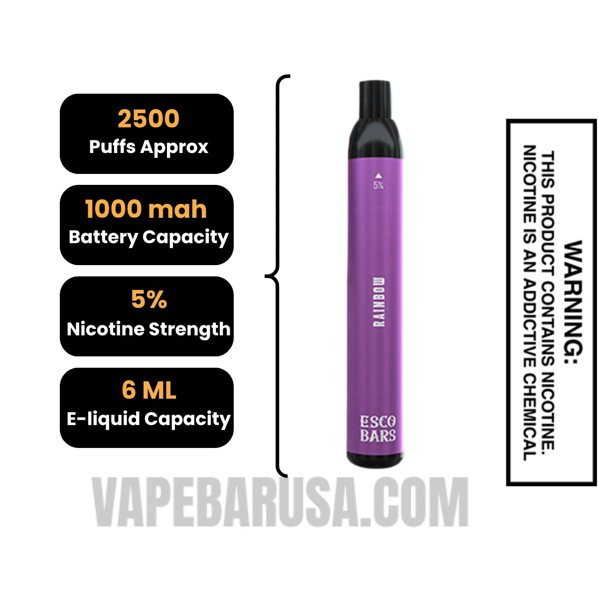 Rainbow Esco Bars 2500 Puffs Disposable Vape Specifications