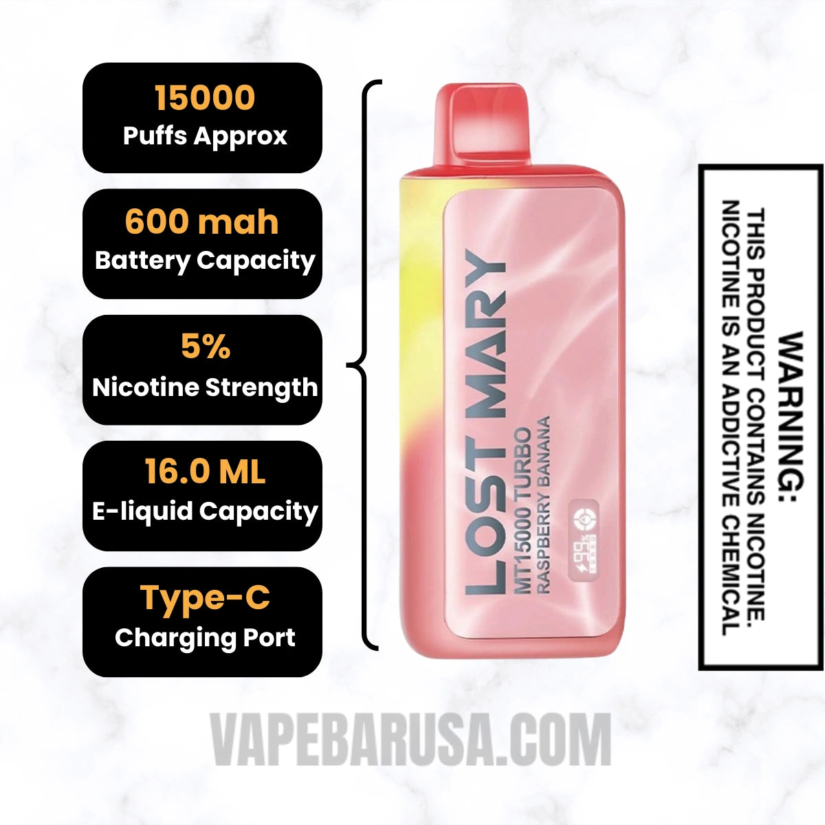 Raspberry Banana Lost Mary MT15000 Turbo Disposable Vape Specifications