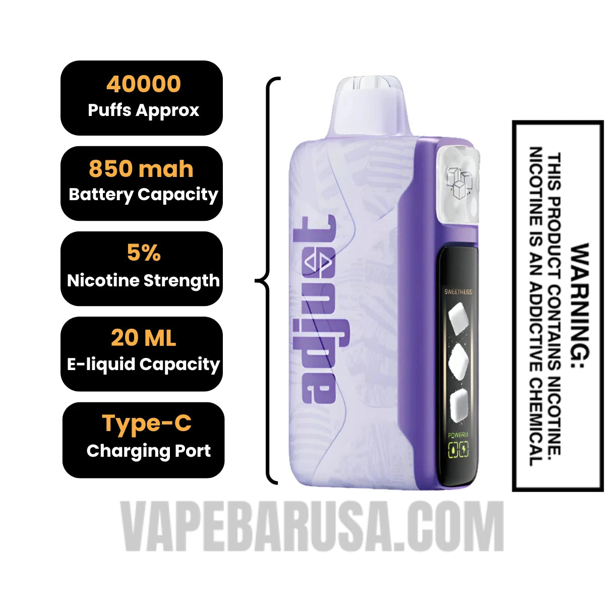 Raspberry Orange Adjust MySweet 40K Disposable Vape Specifications