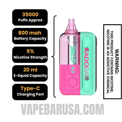 Raspberry Peach Lime Kado Bar Snap 2.0 35K Disposable Vape Kit Specifications