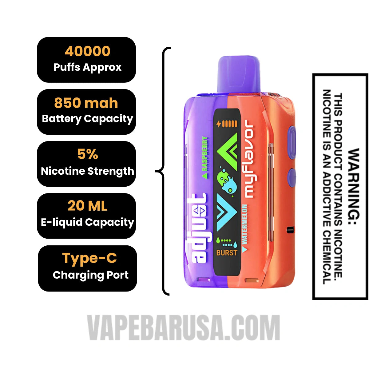 Raspberry Watermelon Adjust MyFlavor 40K Disposable Vape Specifications
