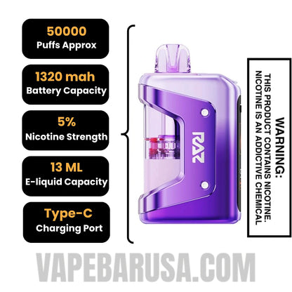 Raspberry Watermelon RAZ VUE 50K Disposable Vape Kit Specifications