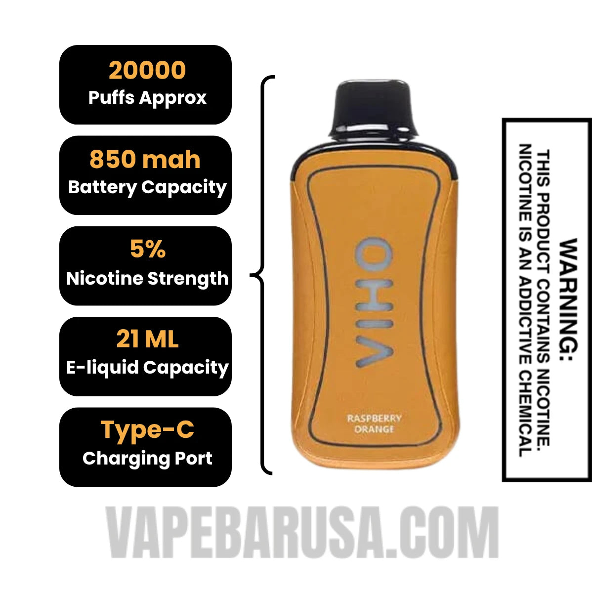 Raspberry Orange VIHO Supercharge 20000 Puffs Vape Specifcations