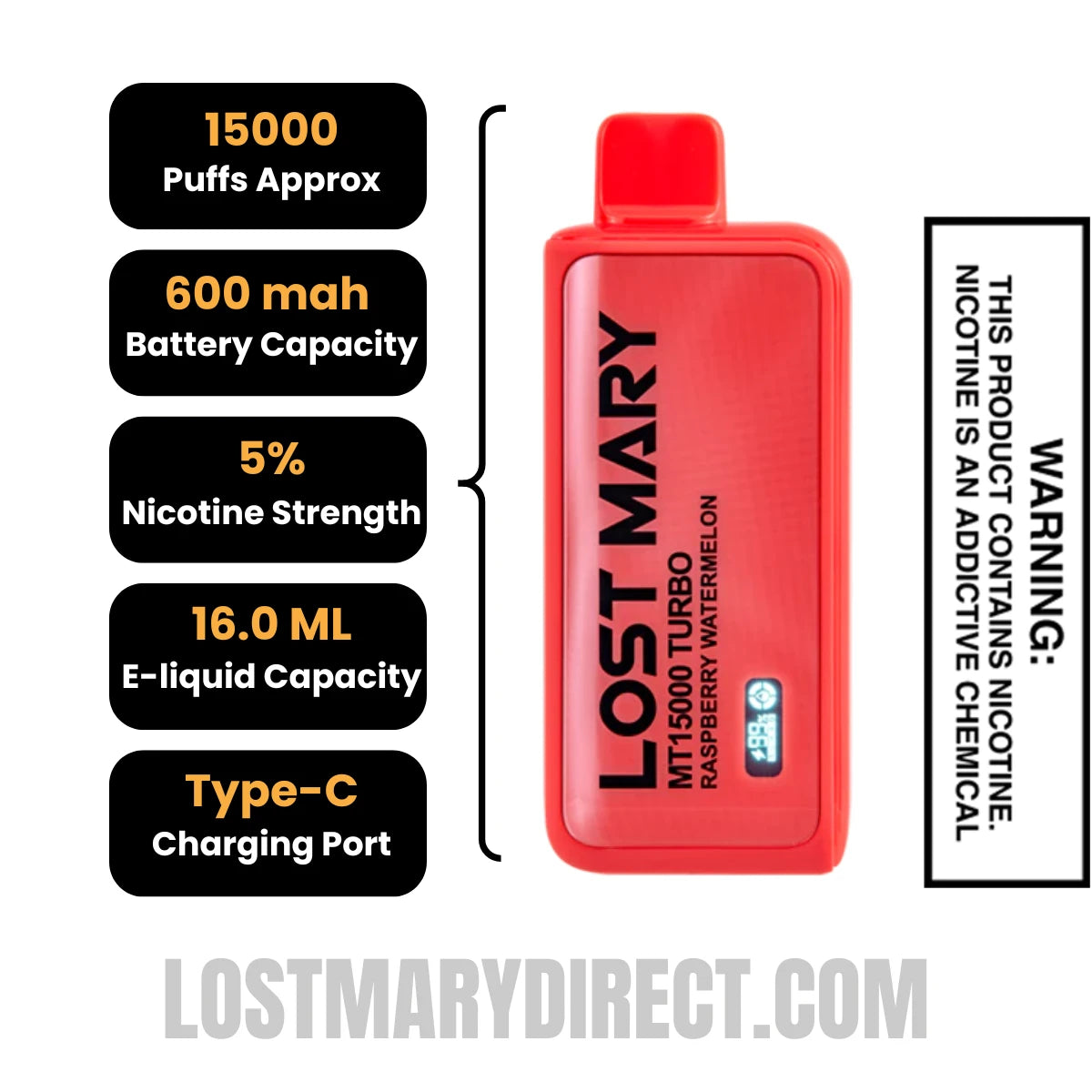 Raspberry Watermelon Lost Mary MT15000 Disposable Vape Specifications
