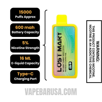 Refreshing Fcuking Fab Lost Mary MT15000 Turbo Vape (Wednesday) Specifications