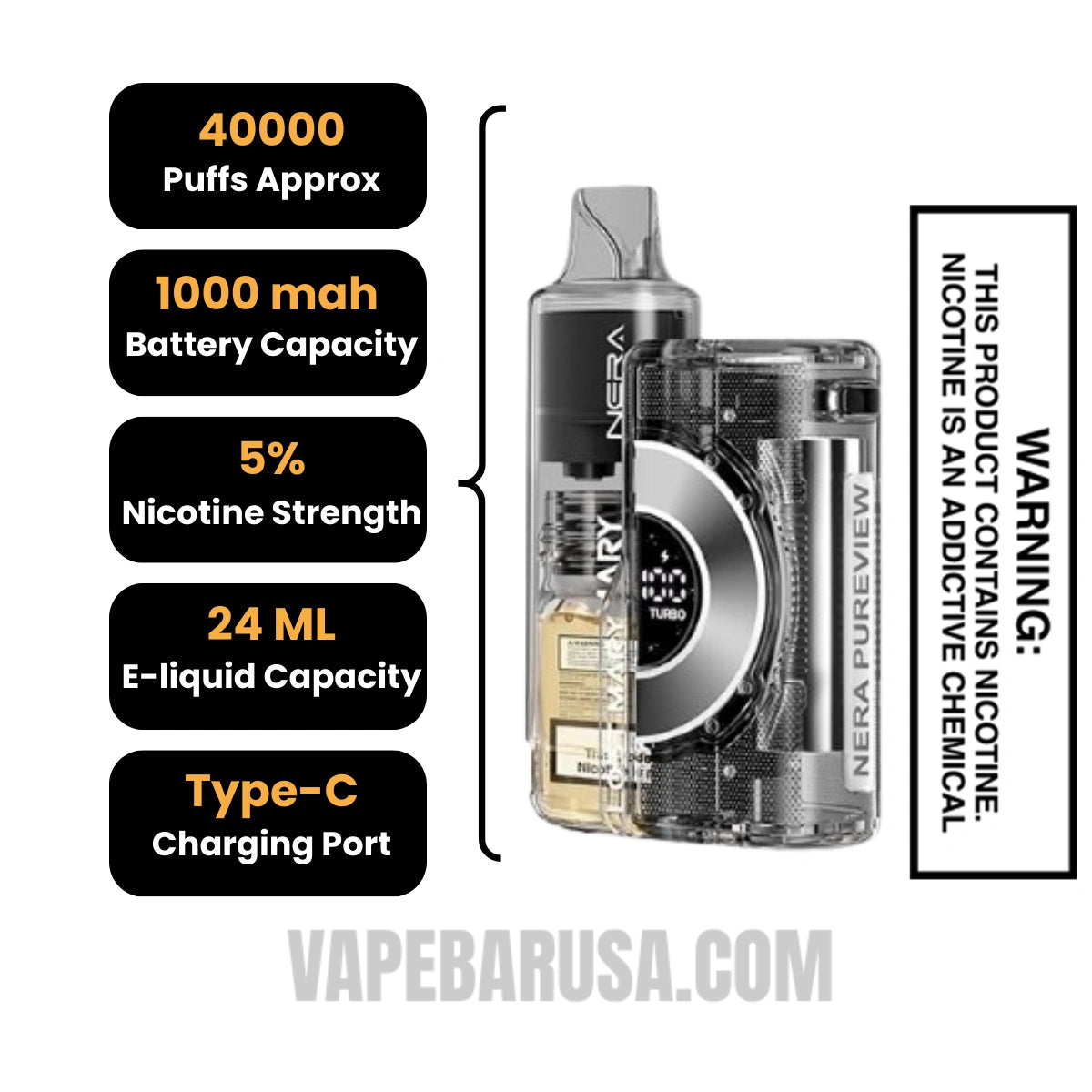 Rocket Freeze Lost Mary Nera Pureview 40K Vape Kit Specifications