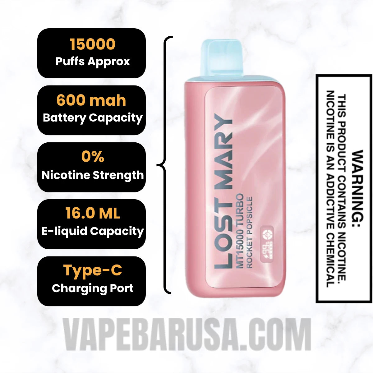 Rocket Pop Lost Mary MT15000 Turbo Vape - 0% Nic Specifications