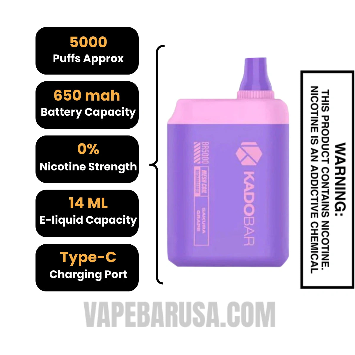Sakura Grape Kado Bar BR5000 Zero Nicotine Disposable Vape Specifications