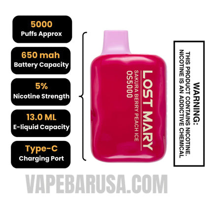 Sakura Berry Peach Ice Lost Mary OS5000 Disposable Vape Specifications