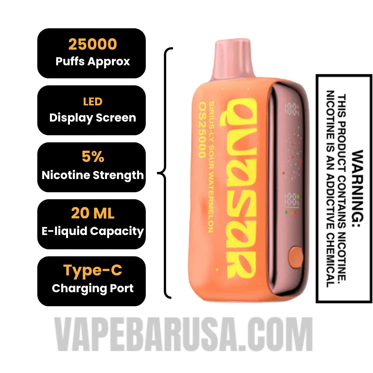 Sirius-ly Sour Watermelon Lost Mary Quasar OS25000 Disposable Vape Specifications
