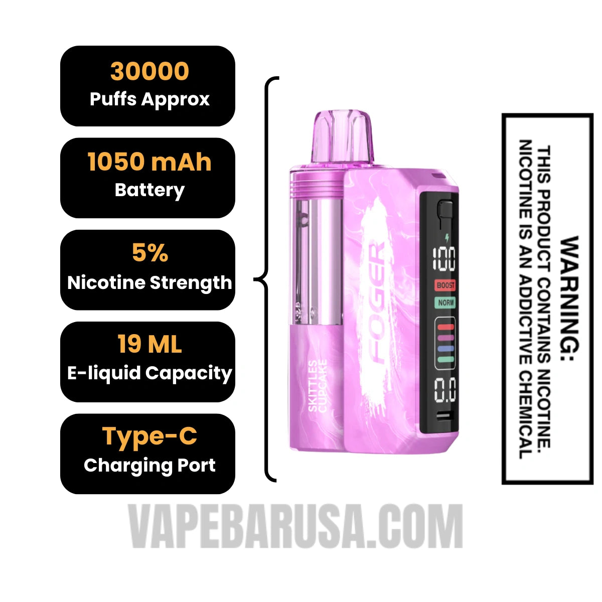 Skittles Cupcake Foger Switch Pro 30K Disposable Vape Kit Specifications