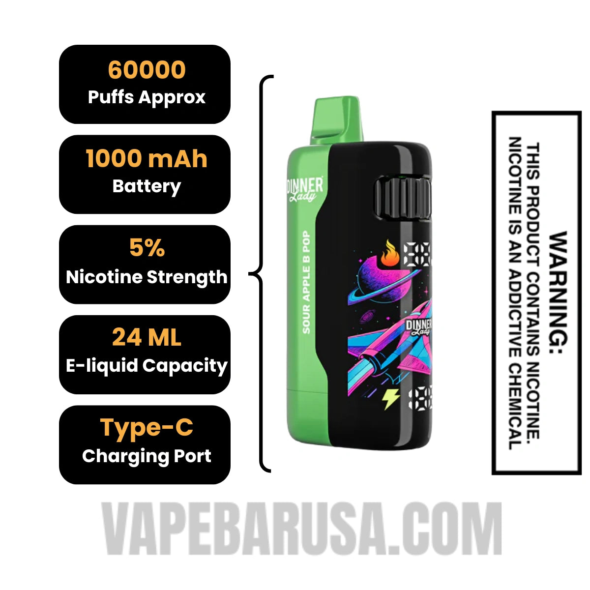 Sour Apple B Pop Dinner Lady Galax 60K Disposable Vape Specifications